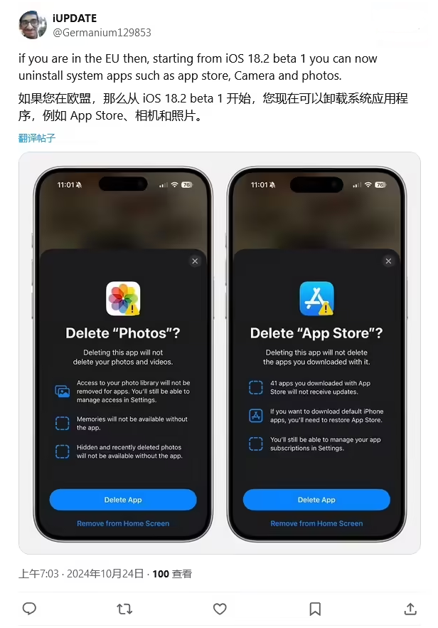 卓尼苹果手机维修分享iOS 18.2 支持删除 App Store 应用商店 