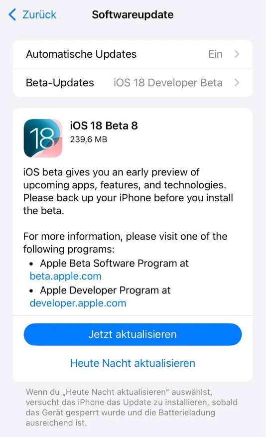 卓尼苹果手机维修分享苹果 iOS / iPadOS 18 开发者预览版 Beta 8 发布 